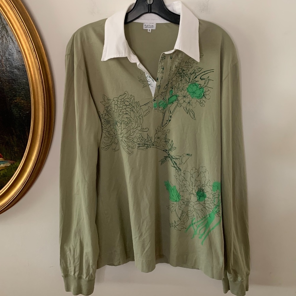 PAUL SMITH GREEN FLORAL AND BIRD PRINT LONG SLEEVE POLO TOP